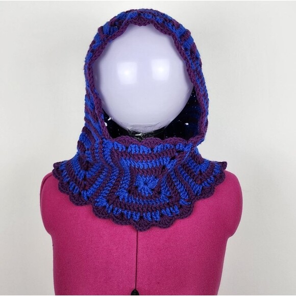 New Crochet Handmade Balaclava Granny Square Blue Purple Scalloped Edges - Picture 9 of 16